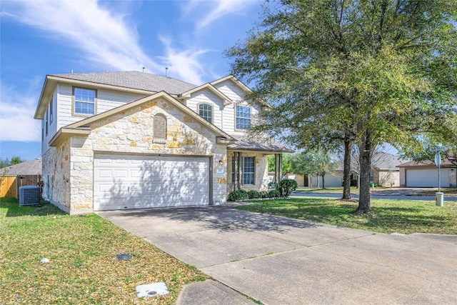 106 Remington Run, Bastrop, TX 78602 - traditional-style house with stone siding, concrete driveway, and a garage