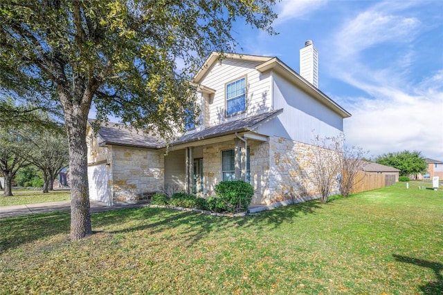 106 Remington Run, Bastrop, TX 78602 - view of front of property featuring stone siding, a front yard, a chimney, an attached garage, and driveway