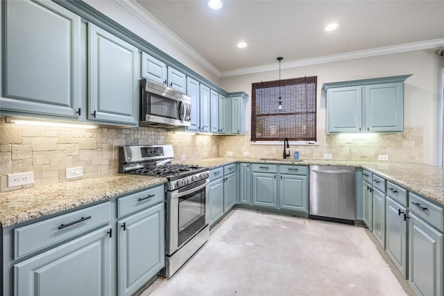 106 Remington Run, Bastrop, TX 78602 - kitchen with appliances with stainless steel finishes, concrete flooring, crown molding, tasteful backsplash, and light stone countertops