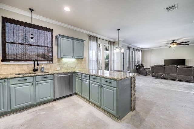 106 Remington Run, Bastrop, TX 78602 - kitchen with stainless steel dishwasher, concrete floors, a ceiling fan, a peninsula, and ornamental molding