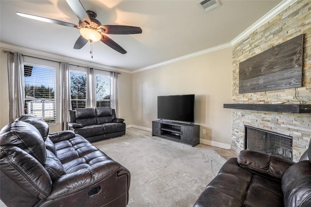 106 Remington Run, Bastrop, TX 78602 - living area featuring crown molding, ceiling fan, and a stone fireplace
