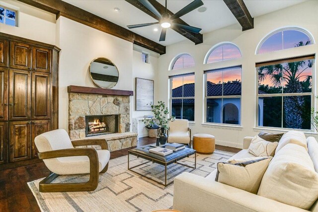 3312 Pearce Rd, Austin, TX 78730 - living room with beam ceiling, ceiling fan, wood finished floors, a fireplace, and recessed lighting