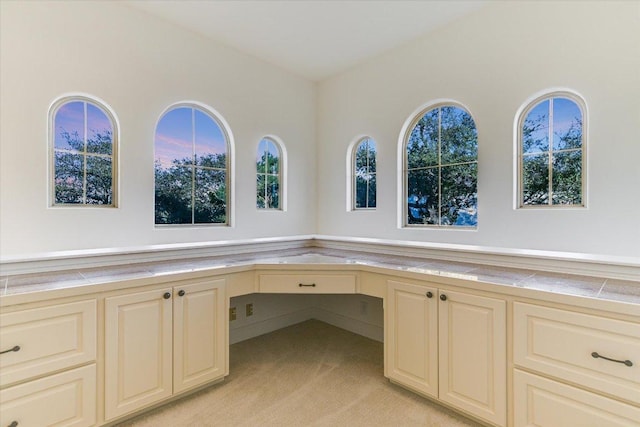 unfurnished office featuring a wealth of natural light, built in desk, and light colored carpet