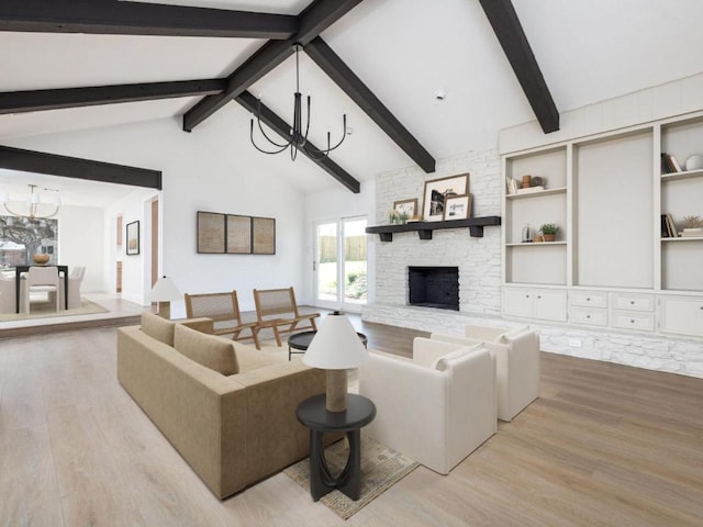 1403 E Applegate Dr, Austin, TX 78753 - living area with a chandelier, wood finished floors, and a fireplace