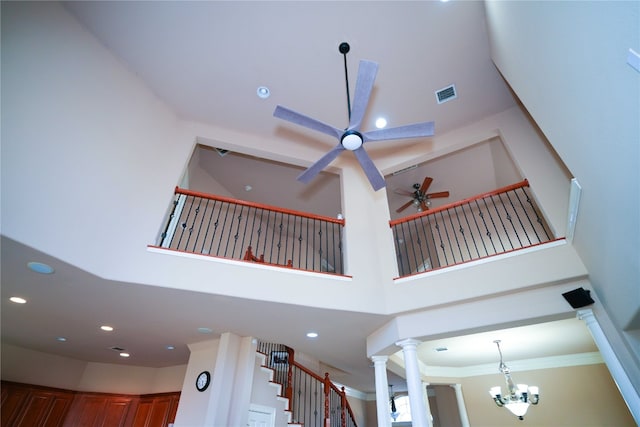 11608 Spicewood Pkwy Unit 38, Austin, TX 78750 - detailed view of decorative columns, a ceiling fan, recessed lighting, a chandelier, and crown molding