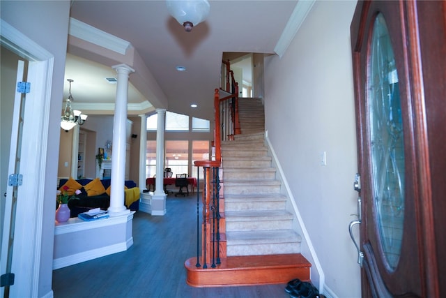 11608 Spicewood Pkwy Unit 38, Austin, TX 78750 - entrance foyer featuring ornate columns, stairway, ornamental molding, wood finished floors, and recessed lighting