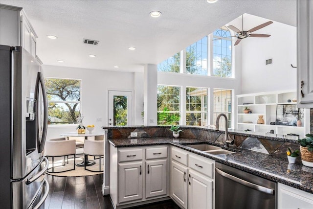 kitchen with stainless steel appliances, a sink, dark wood-style flooring, a ceiling fan, and dark stone countertops