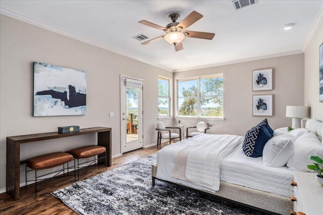 bedroom featuring access to outside, crown molding, wood finished floors, baseboards, and a ceiling fan