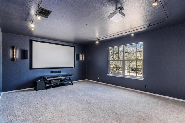 12413 Fairfax Ridge Pl, Austin, TX 78738 - home theater featuring a textured ceiling, rail lighting, and carpet floors