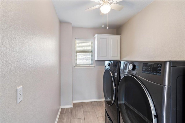 12413 Fairfax Ridge Pl, Austin, TX 78738 - washroom with washer and dryer, a ceiling fan, baseboards, cabinet space, and light wood-type flooring