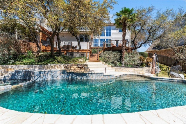 12413 Fairfax Ridge Pl, Austin, TX 78738 - view of swimming pool with stairway, a deck, and a pool with connected hot tub