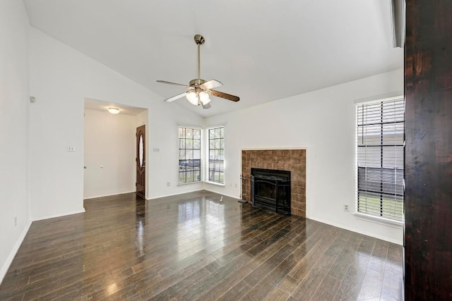 8610 Croydon Loop, Austin, TX 78748 - unfurnished living room featuring ceiling fan, dark wood-style floors, a fireplace, and high vaulted ceiling