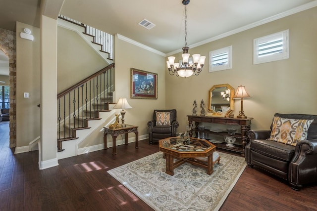 living area with a wealth of natural light, ornamental molding, stairs, and visible vents