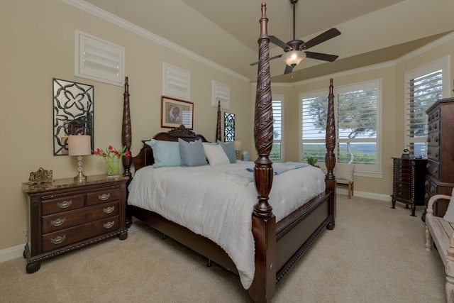 bedroom featuring baseboards, ornamental molding, light carpet, and ceiling fan