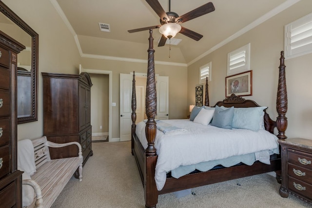 bedroom featuring light colored carpet, ornamental molding, ceiling fan, and visible vents