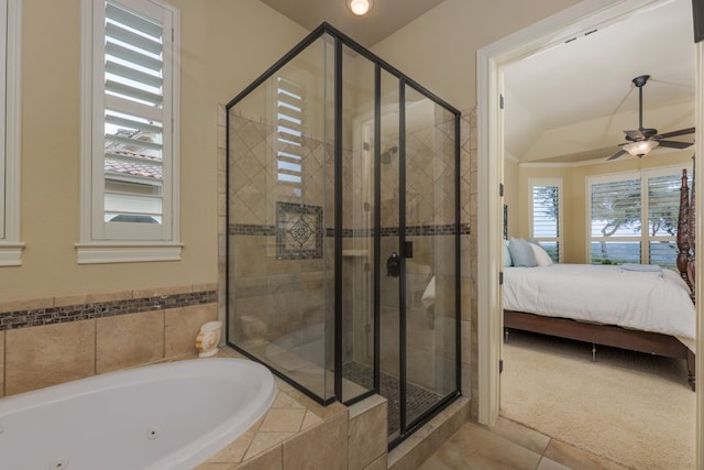 full bath featuring a jetted tub, tile patterned floors, a stall shower, and ensuite bath