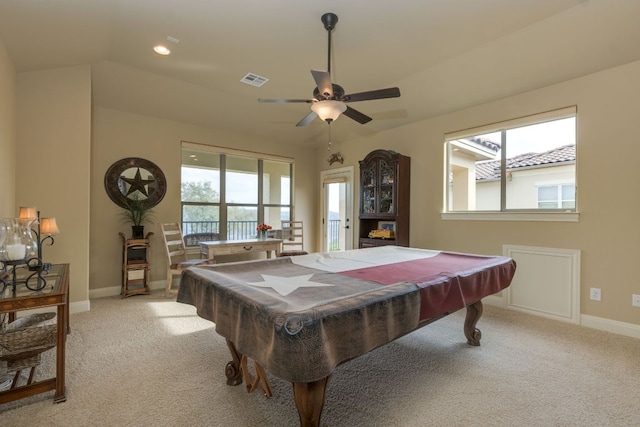 playroom with baseboards, billiards, and light carpet