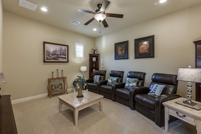 living area with light carpet, a ceiling fan, recessed lighting, and visible vents