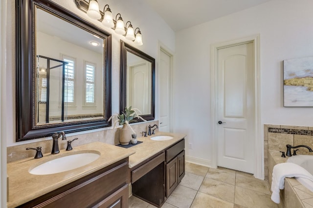 11521 Shadestone Ter, Austin, TX 78732 - bathroom featuring double vanity, a bath, tile patterned floors, and an enclosed shower