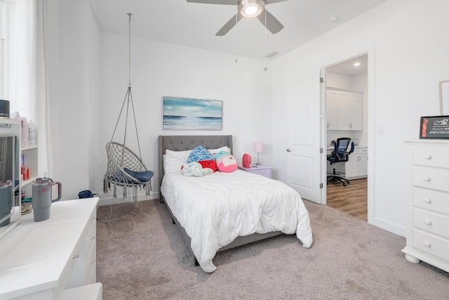 bedroom featuring recessed lighting, light colored carpet, and a ceiling fan