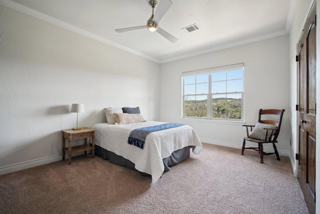 23617 Indian Divide Cv, Spicewood, TX 78669 - carpeted bedroom with ornamental molding, baseboards, and ceiling fan