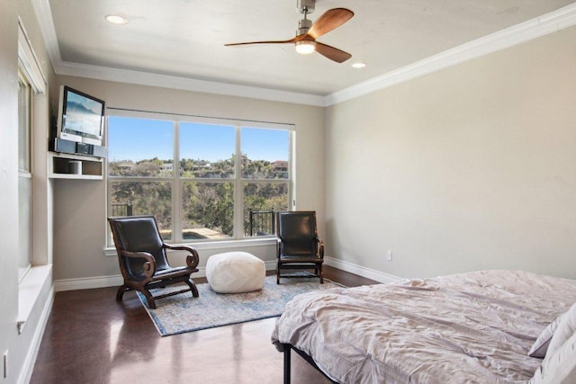 23617 Indian Divide Cv, Spicewood, TX 78669 - bedroom featuring ornamental molding, baseboards, recessed lighting, a ceiling fan, and finished concrete flooring