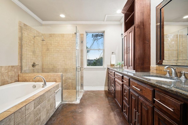 23617 Indian Divide Cv, Spicewood, TX 78669 - bathroom featuring double vanity, a shower stall, a garden tub, ornamental molding, and concrete floors