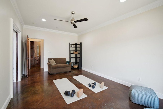 23617 Indian Divide Cv, Spicewood, TX 78669 - living area featuring a ceiling fan, ornamental molding, finished concrete floors, recessed lighting, and baseboards