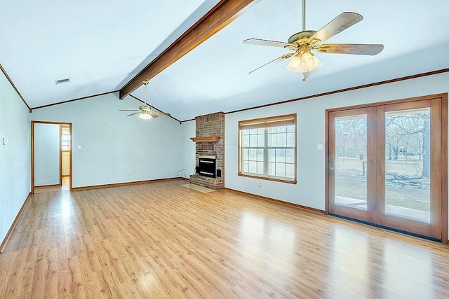 unfurnished living room featuring visible vents, lofted ceiling with beams, light wood-style floors, baseboards, and ceiling fan