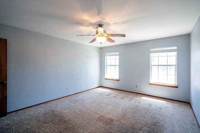 empty room featuring carpet, baseboards, and ceiling fan