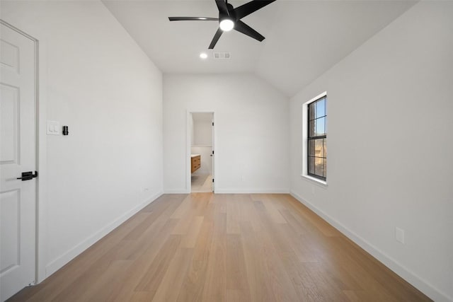 11107 Amblewood Way, Austin, TX 78753 - unfurnished room with light wood finished floors, ceiling fan, lofted ceiling, baseboards, and recessed lighting