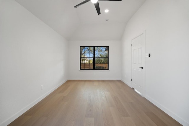 11107 Amblewood Way, Austin, TX 78753 - unfurnished room featuring a ceiling fan, light wood-style floors, vaulted ceiling, and baseboards