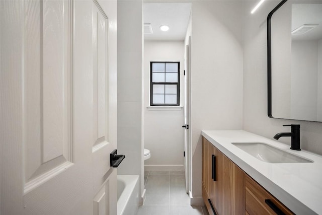 11107 Amblewood Way, Austin, TX 78753 - bathroom featuring vanity, toilet, tile patterned floors, baseboards, and shower / washtub combination