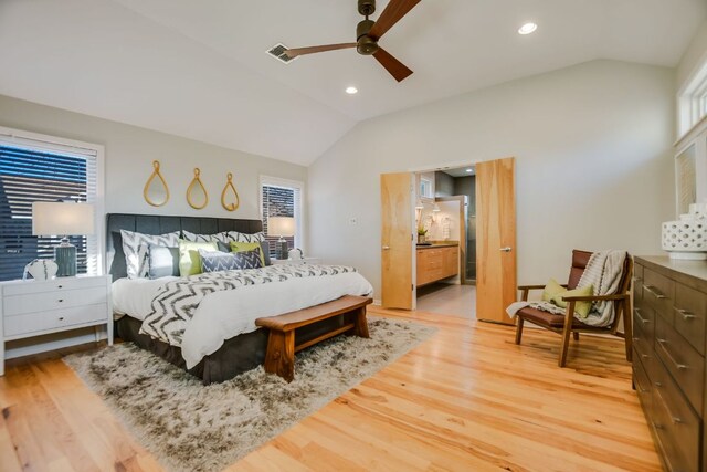 bedroom with a ceiling fan, visible vents, lofted ceiling, light wood-style floors, and recessed lighting