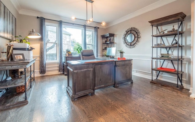 3809 Bent Brook Dr, Round Rock, TX 78664 - home office with dark wood-style flooring, ornamental molding, and wainscoting