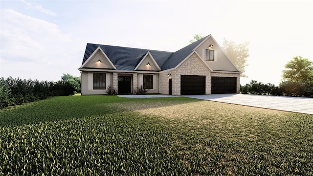 224 Sandia Loop, Kingsland, TX 78639 - view of front of home featuring driveway, a front lawn, stone siding, and an attached garage