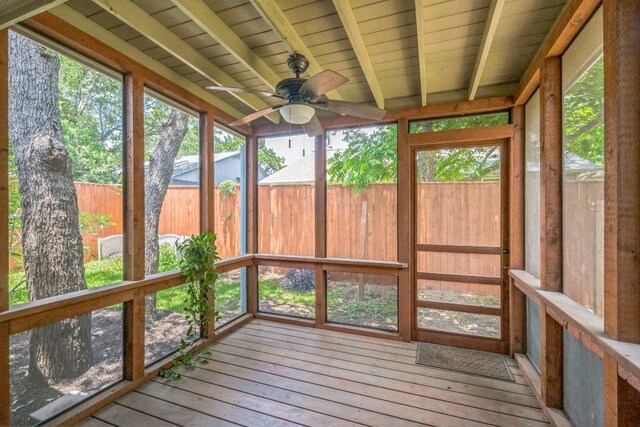 11214 Stormy Ridge Rd, Austin, TX 78739 - unfurnished sunroom featuring ceiling fan and beamed ceiling