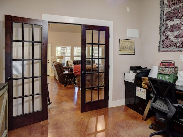 home office featuring french doors and baseboards