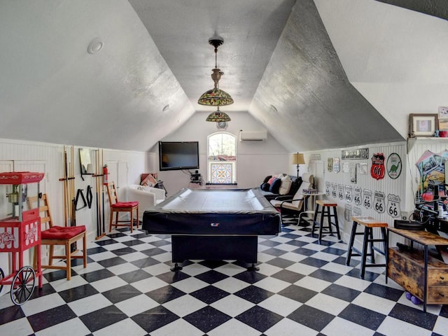 game room with a wall mounted AC, pool table, and lofted ceiling
