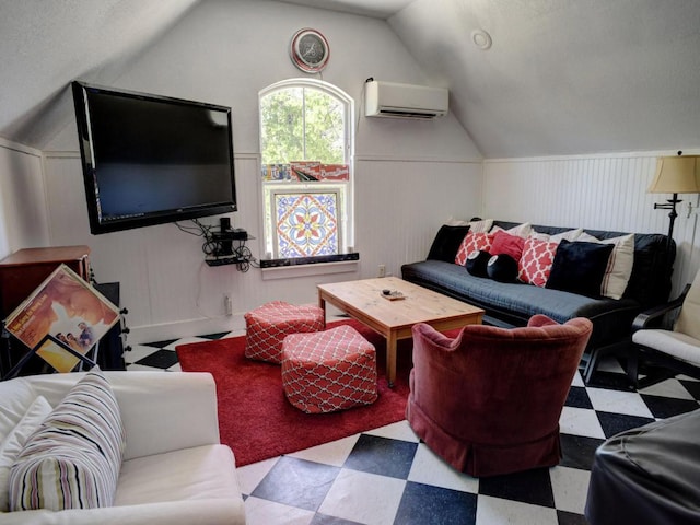 living room with a wall mounted AC, tile patterned floors, a decorative wall, and lofted ceiling