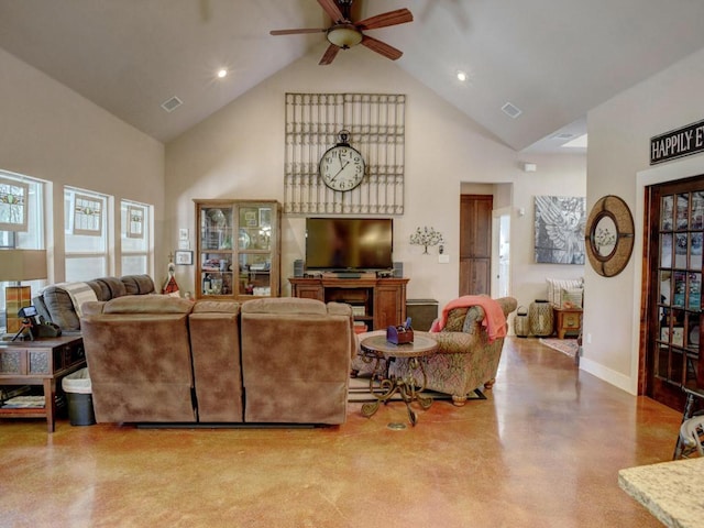 living room featuring concrete flooring, visible vents, high vaulted ceiling, and a ceiling fan