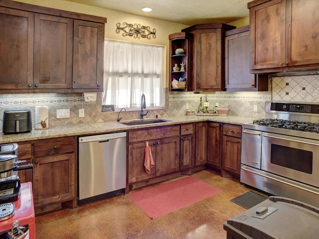 kitchen featuring a sink, open shelves, decorative backsplash, and appliances with stainless steel finishes