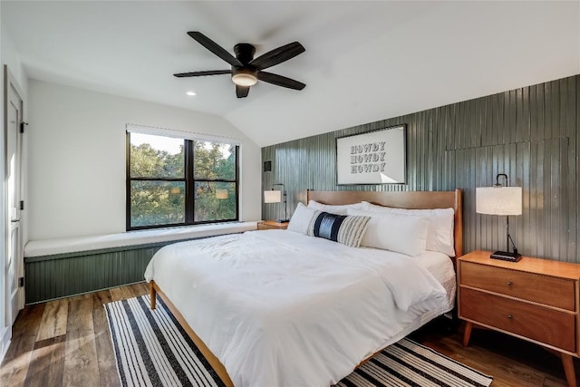 7601 Bar K Ranch Rd, Lago Vista, TX 78645 - bedroom with wood finished floors, lofted ceiling, and a ceiling fan