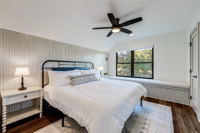7601 Bar K Ranch Rd, Lago Vista, TX 78645 - bedroom featuring wood finished floors, vaulted ceiling, and a ceiling fan