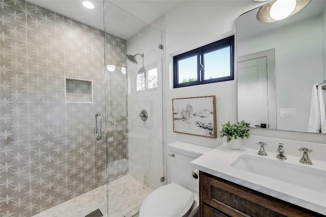 7601 Bar K Ranch Rd, Lago Vista, TX 78645 - full bathroom featuring vanity, a shower stall, and recessed lighting