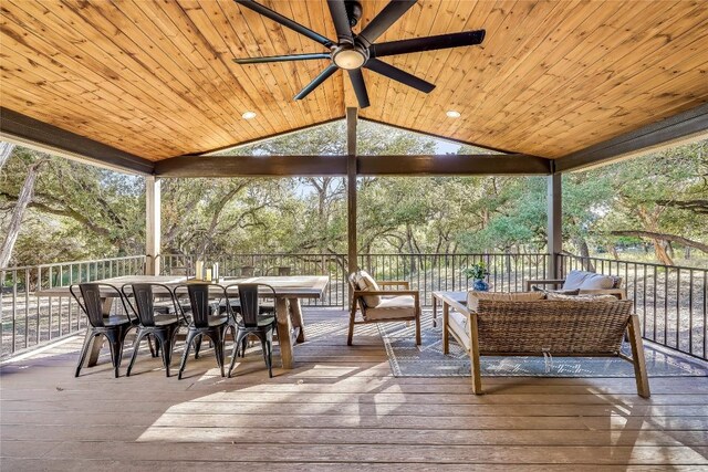7601 Bar K Ranch Rd, Lago Vista, TX 78645 - wooden terrace featuring a ceiling fan, outdoor lounge area, and outdoor dining area