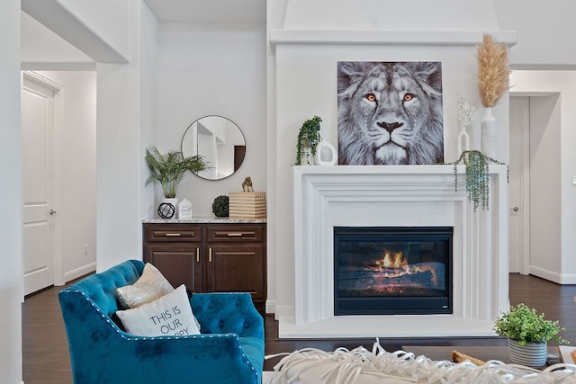 510 Doe Whisper Way, Austin, TX 78738 - living room featuring dark wood-style floors and a glass covered fireplace