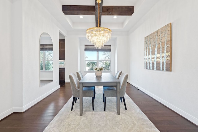 510 Doe Whisper Way, Austin, TX 78738 - dining area with coffered ceiling, a chandelier, dark wood-style flooring, beamed ceiling, and recessed lighting