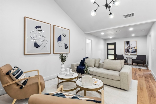 1004 Cripple Creek Dr, Austin, TX 78758 - living area featuring visible vents, a chandelier, light wood finished floors, recessed lighting, and lofted ceiling