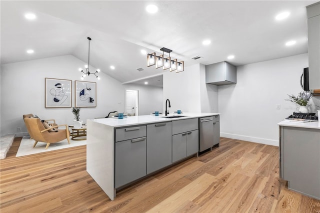 1004 Cripple Creek Dr, Austin, TX 78758 - kitchen featuring gray cabinetry, visible vents, a sink, and appliances with stainless steel finishes